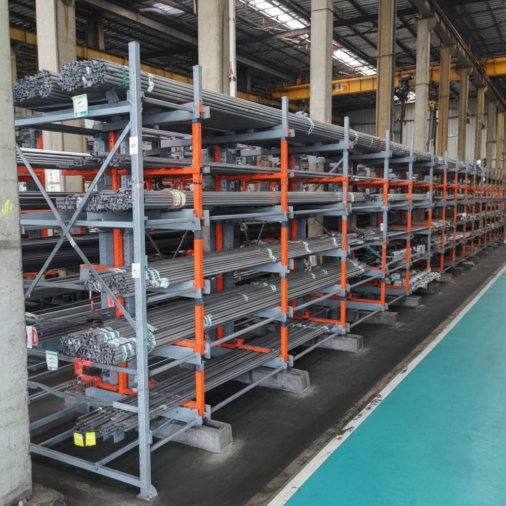 Sistema porta-barras organizando perfis e tubos